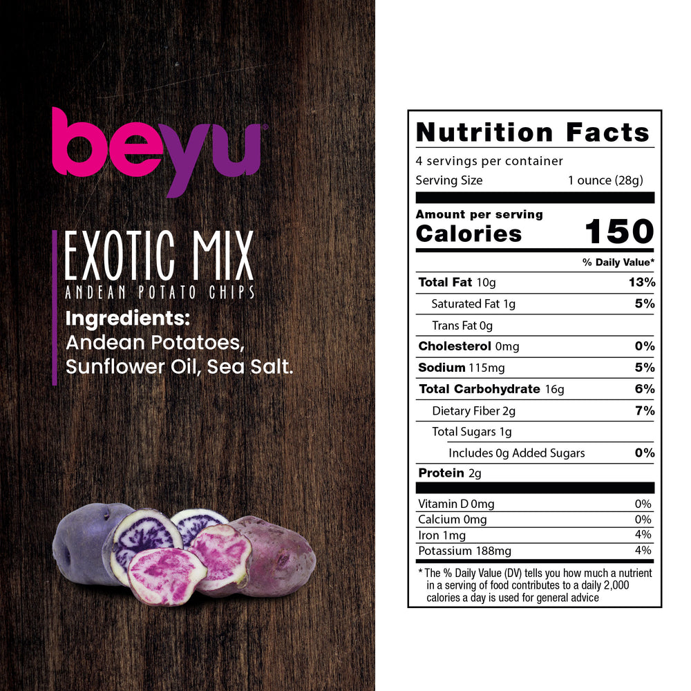
                  
                    Load image into Gallery viewer, Beyu Authentic &amp;amp; Healthy Exotic Mix Andean Potato Chips Snack | Salted | Artisanal Snack Made with Sea Salt | Gluten Free | Kosher | 4 Ounce (Pack of 6, 24 ounce total)
                  
                