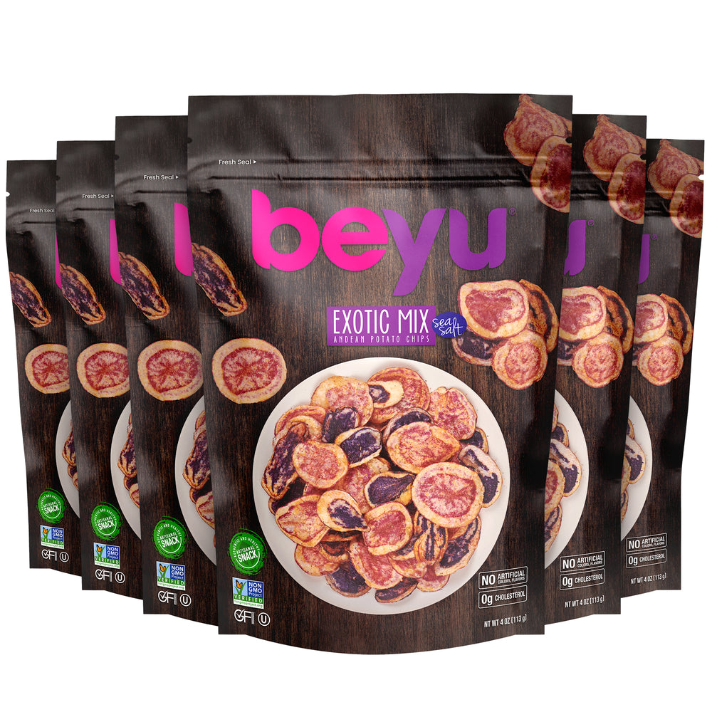 Beyu Authentic & Healthy Exotic Mix Andean Potato Chips Snack | Salted | Artisanal Snack Made with Sea Salt | Gluten Free | Kosher | 4 Ounce (Pack of 6, 24 ounce total)